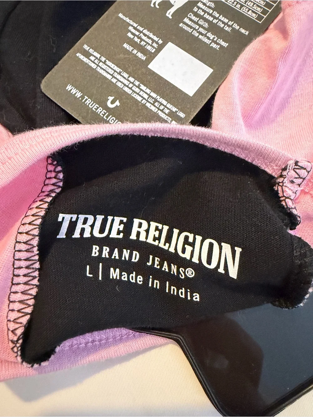 True Religion Black and Pink Short Sleeve Tee with Rhinestone Logo